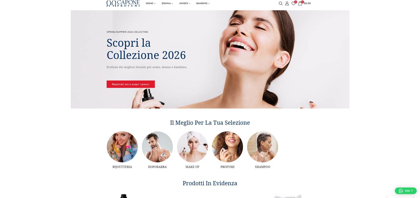 Homepage e-commerce B2B caponeprofumi.it realizzato da Nexta Studio per Capone Srl su WooCommerce con listini riservati