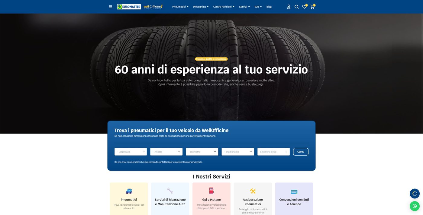 Homepage e-commerce wellofficine.it realizzato da Nexta Studio per Officine SPF — vendita pneumatici e servizi officina con integrazione AS400