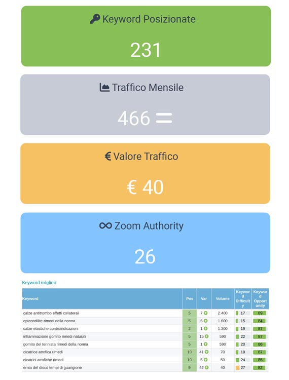 risultati seo posizionamento organico sito vetrina