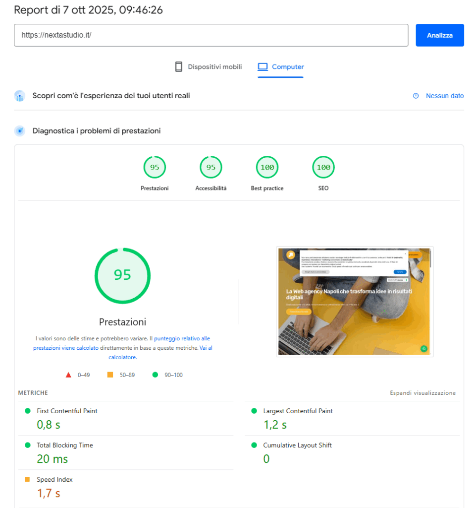 velocità di caricamento sito web napoli